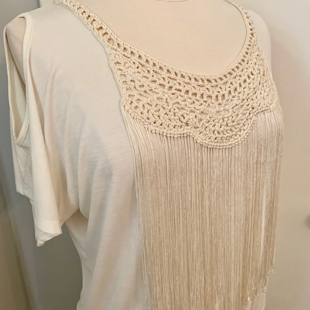Women’s Small Fringe Blouse Cream Cowgirl Western Chic Festival tassels top - Picture 6 of 11
